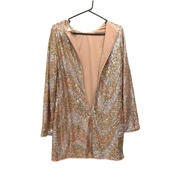 New Sequin Mini Dress Flare Sleeve Stretchy Pastel Champagne Size M NWT! Rose - Picture 6 of 12